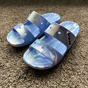 Crocs Blue/Purple/White Tie Dye Swirl Slide Sandals
